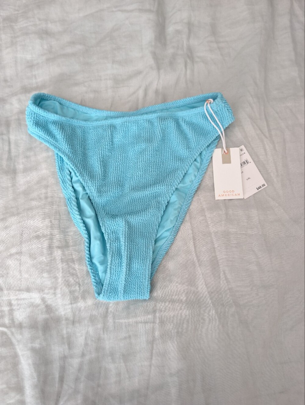 Good American Always Fits Textured Crinkle Bikini Bottom Pool Blue L/XL NWT
